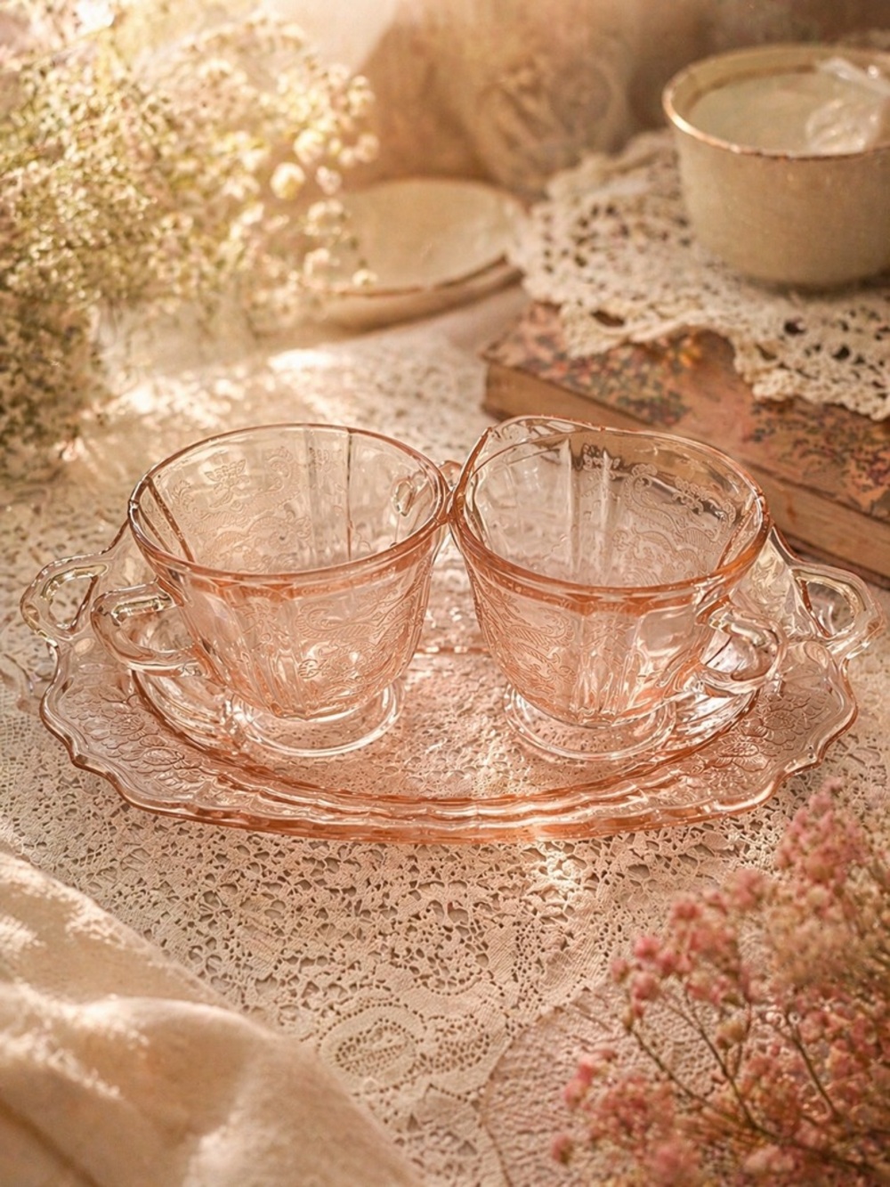 Vintage Pink Depression Glass Creamer Sugar Tray Set Cottagecore Tea Bundle